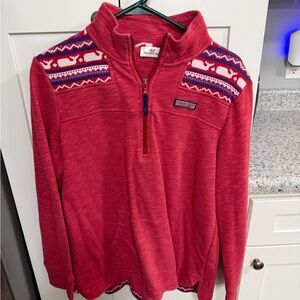Vineyard Vines Women’s Red Quarter-Zip Sweater with Patterned Shoulders
